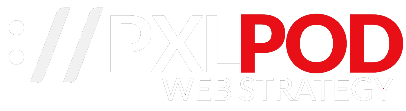 A logo featuring the text 'PXL POD' in red and white, accompanied by the phrase 'WEB STRATEGY', set against a simple background.
