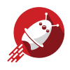 A stylized white rocket with red accents, launching against a bold red circular background, representing speed and adventure.