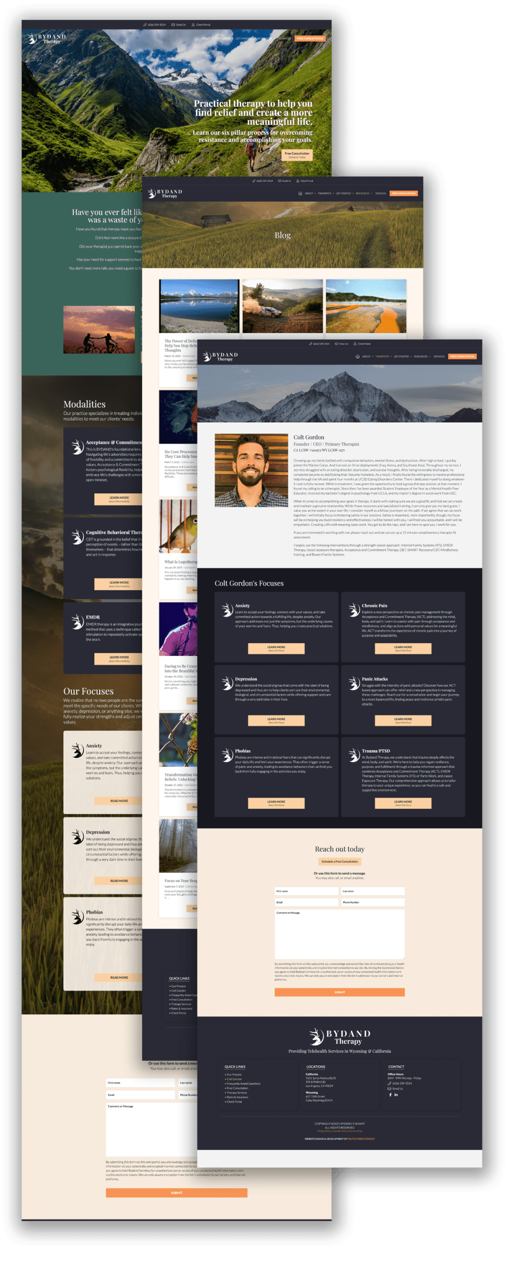A collection of website layouts showcasing images, text, and user testimonials set against scenic backgrounds and varying color themes.