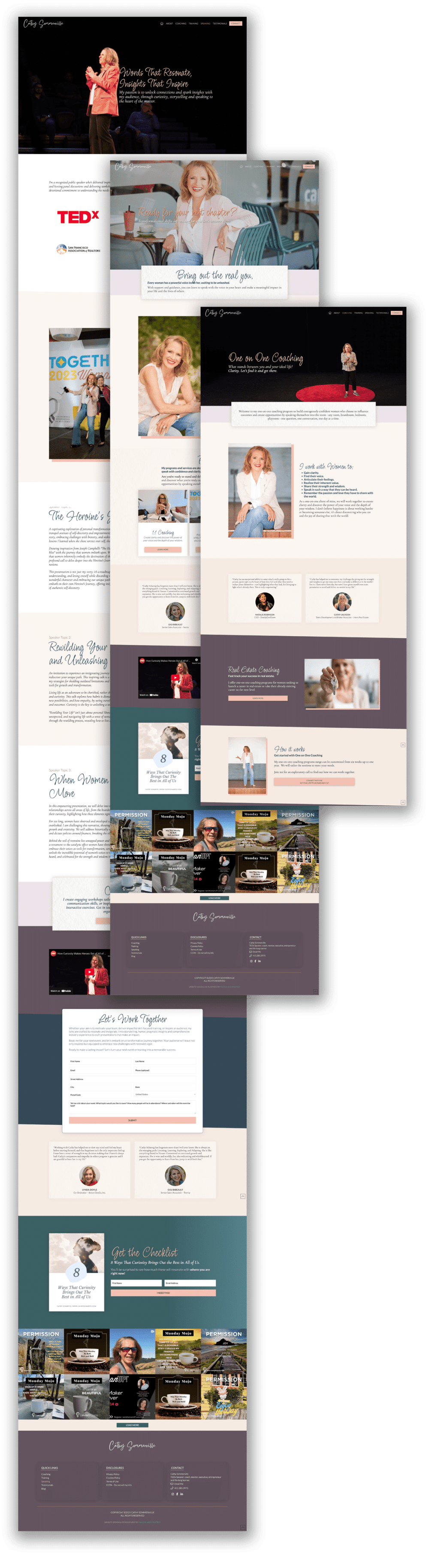 A collection of web pages showcasing various designs, featuring images, text content, and navigation elements arranged vertically.