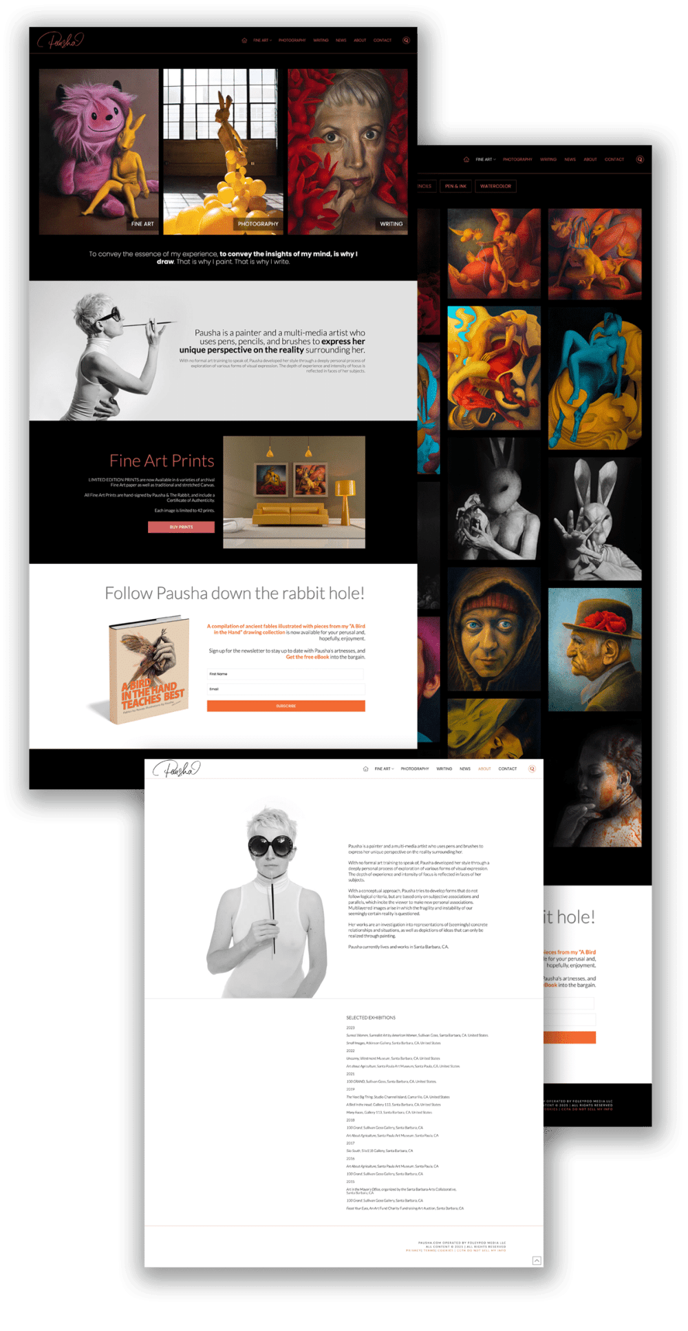 A collage of art website pages featuring various portraits and colorful artworks, highlighted by a striking central figure in sunglasses.