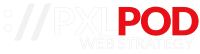 A logo featuring the text 'PXL POD' in red and white, accompanied by the phrase 'WEB STRATEGY', set against a simple background.