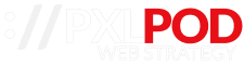 A logo featuring the text 'PXL POD' in red and white, accompanied by the phrase 'WEB STRATEGY', set against a simple background.