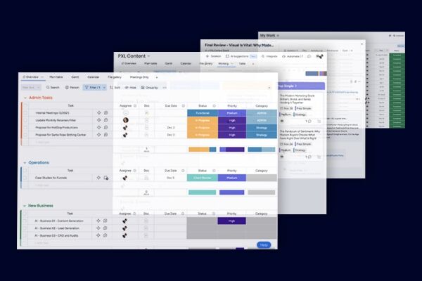 A collection of project management tool interfaces displaying tasks, deadlines, priorities, and categories across various project boards.