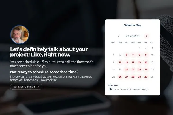 A scheduling interface inviting users to book a 15-minute call, featuring a calendar for January 2026 and options for face time.
