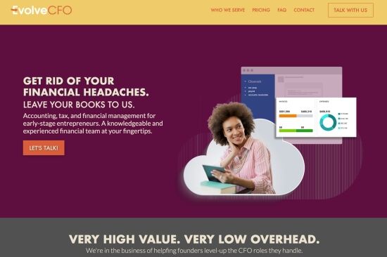 A woman smiles while using a tablet, surrounded by financial management graphics and a comforting, professional atmosphere, highlighting financial services for entrepreneurs.