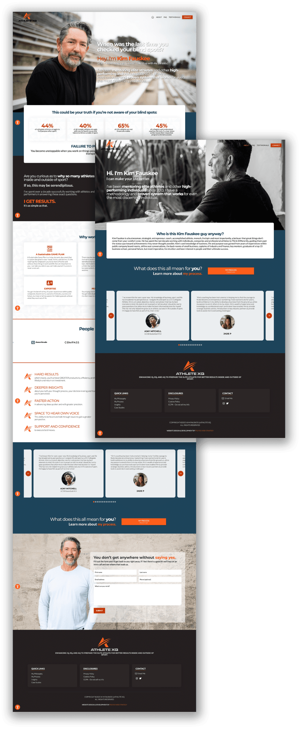 A collage of website designs showcasing profiles, testimonials, and images of individuals in personal and professional settings.