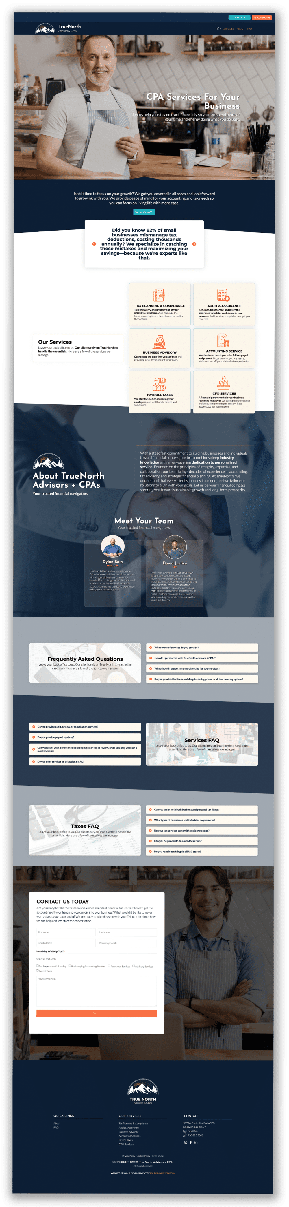 A professional website layout showcasing services, testimonials, and contact information, featuring a welcoming atmosphere with imagery related to business and consultation.