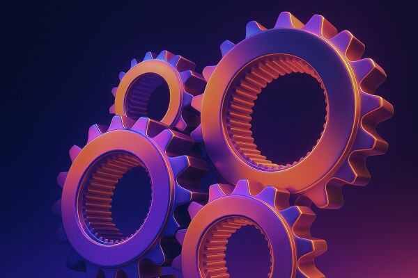 A collection of colorful, stylized gears stacked against a dark background, showcasing a blend of purple and orange hues.