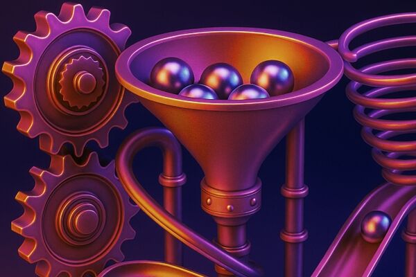A colorful mechanical contraption featuring gears, a funnel, and shiny balls, blending elements of industrial design and playful art.