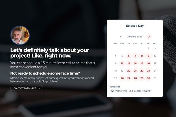 A scheduling interface inviting users to book a 15-minute call, featuring a calendar for January 2026 and options for face time.