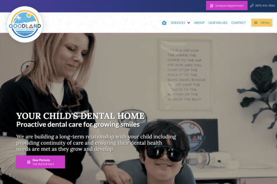 A dental clinic webpage highlighting pediatric care, featuring a child in sunglasses sitting in a dental chair with a caregiver.