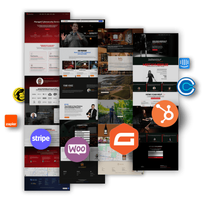 A collage of website designs featuring various layouts, logos, and visually engaging elements, showcasing diverse uses and styles.