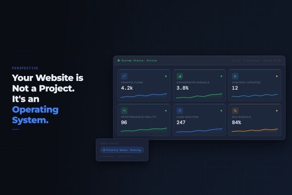 A sleek digital dashboard displaying website performance metrics like traffic flow, conversion signals, and SEO signals, emphasizing the site's operational importance.