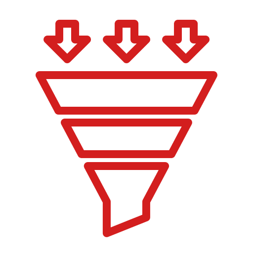 A stylized red funnel graphic with arrows pointing downwards, symbolizing a narrowing process or information filtering.