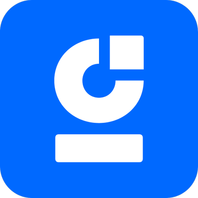 A stylized white logo featuring abstract shapes on a blue background.