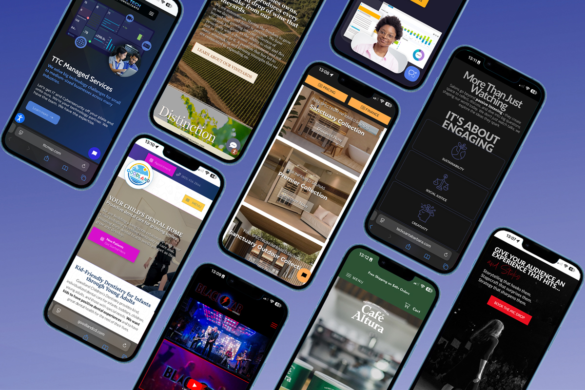 A collage of smartphone screens displaying various mobile websites, showcasing a range of services and products in diverse layouts and designs.