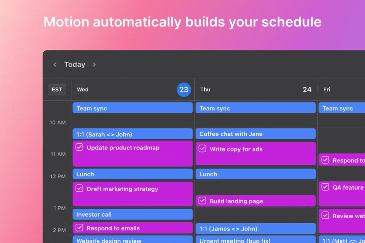 A digital calendar showing scheduled events for Wednesday, Thursday, and Friday, with different tasks highlighted in various colors.