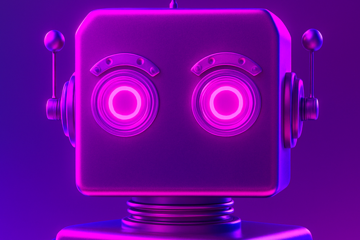 A retro-style robot head with large, glowing eyes, set against a vibrant purple background.