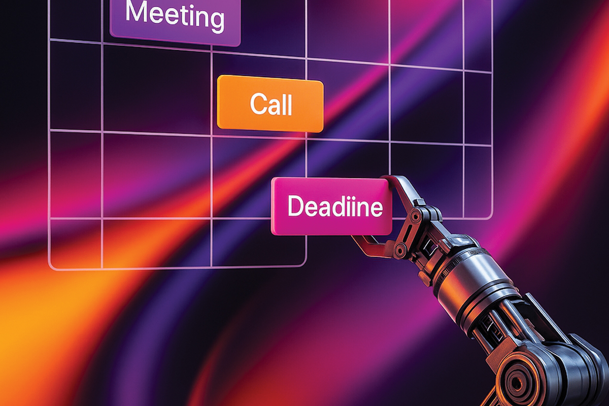 A robotic arm interacts with a colorful calendar displaying tasks like 'Meeting,' 'Call,' and 'Deadline' on a vibrant background.