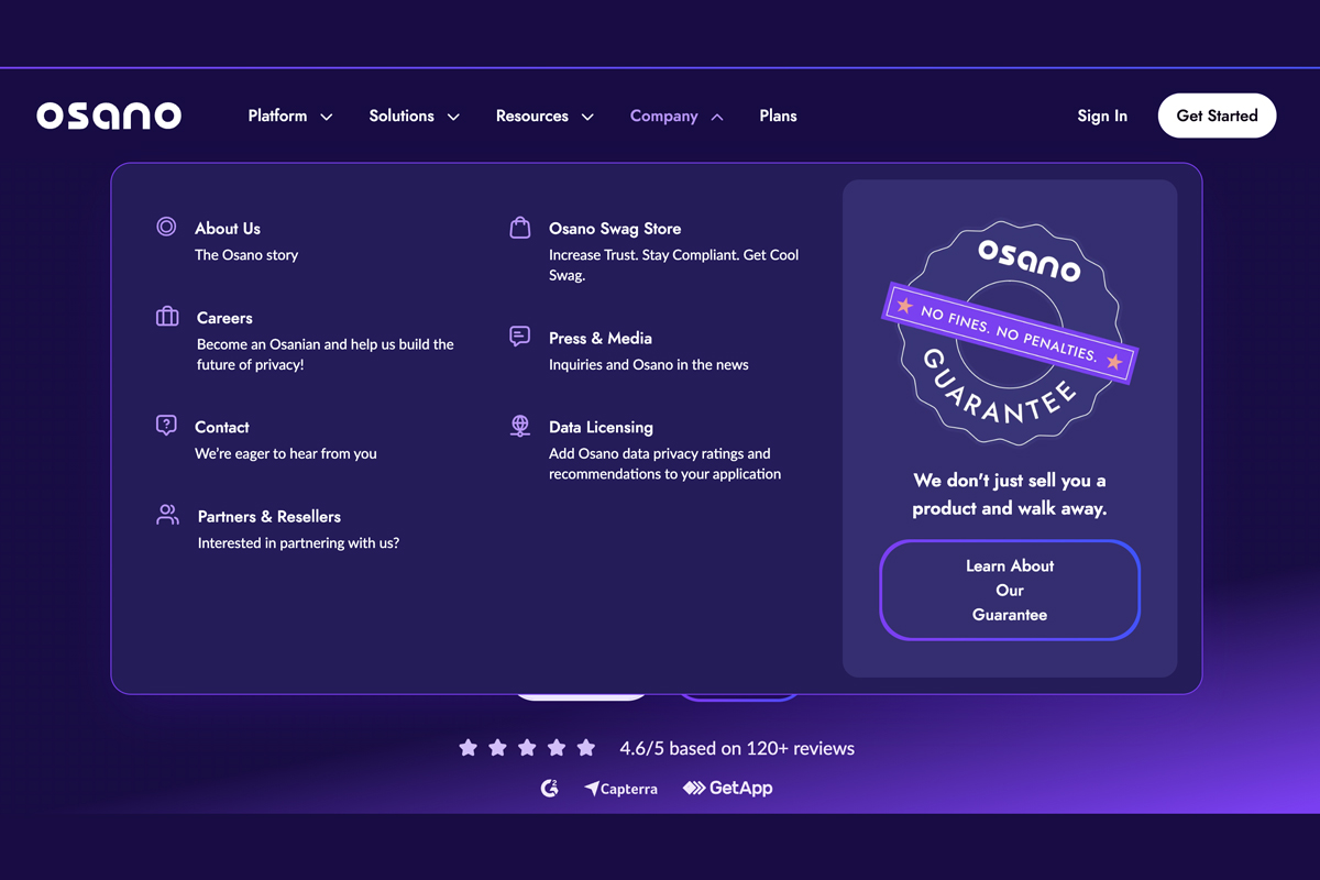 A website interface for Osano featuring sections like About Us, Careers, and a guarantee badge highlighting no penalties.