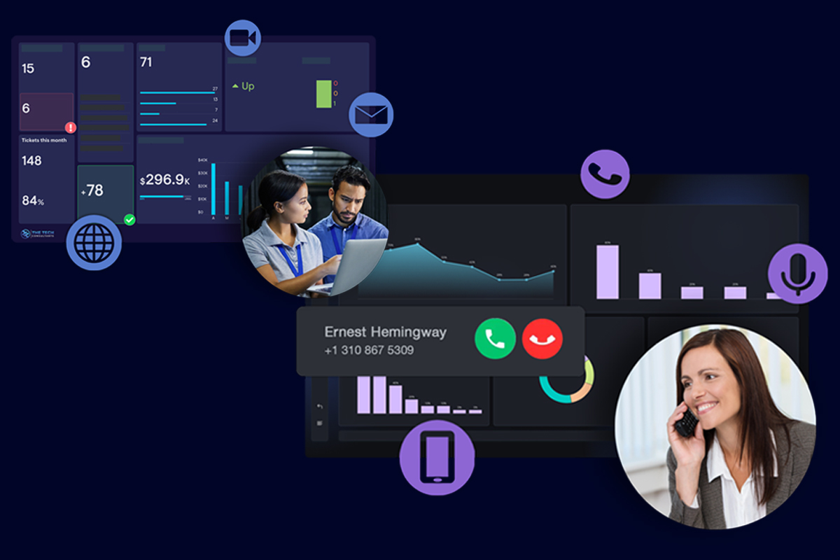 A digital dashboard displaying metrics and graphs next to images of two people engaged in conversation and a phone interface.
