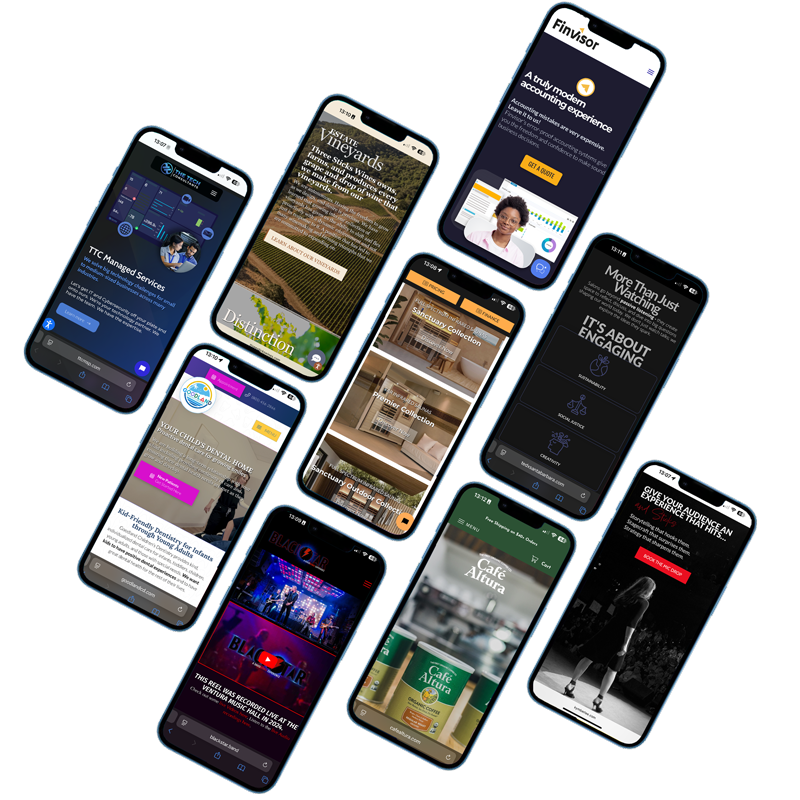 A collection of smartphones displaying various website designs and content, arranged artistically against a black background.