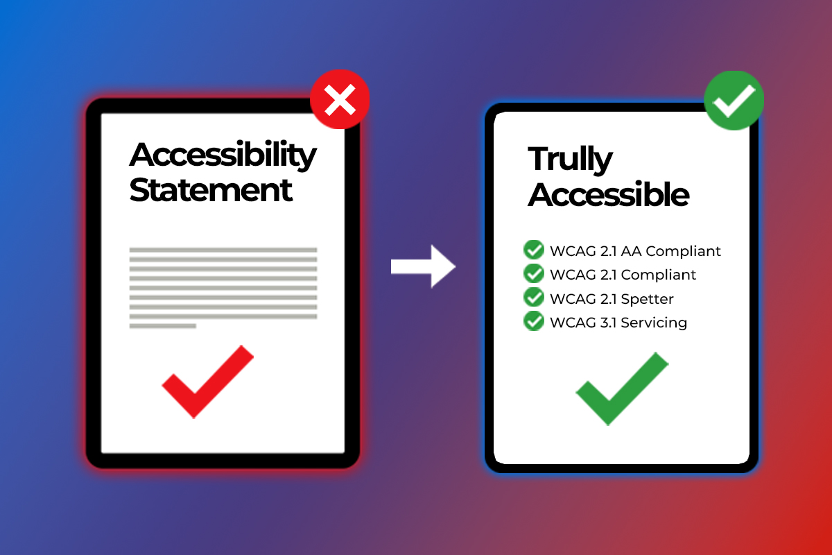 Comparison between an inadequate accessibility statement and a truly accessible document, highlighting compliance with various WCAG standards.