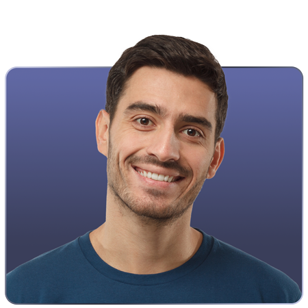 A smiling man with dark hair and a casual blue shirt, set against a gradient blue background.
