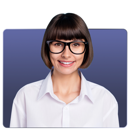 A smiling woman with short hair and glasses, wearing a white shirt against a blue background.