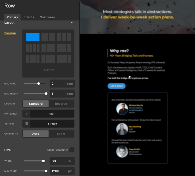 A user interface displaying settings for a layout, featuring options for gap widths, column fills, and multiple user profiles with images and names.