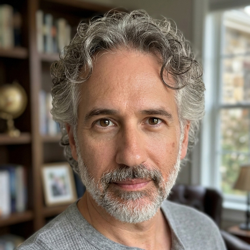 A man with curly, gray hair and a beard stands in a cozy room filled with books and a globe.